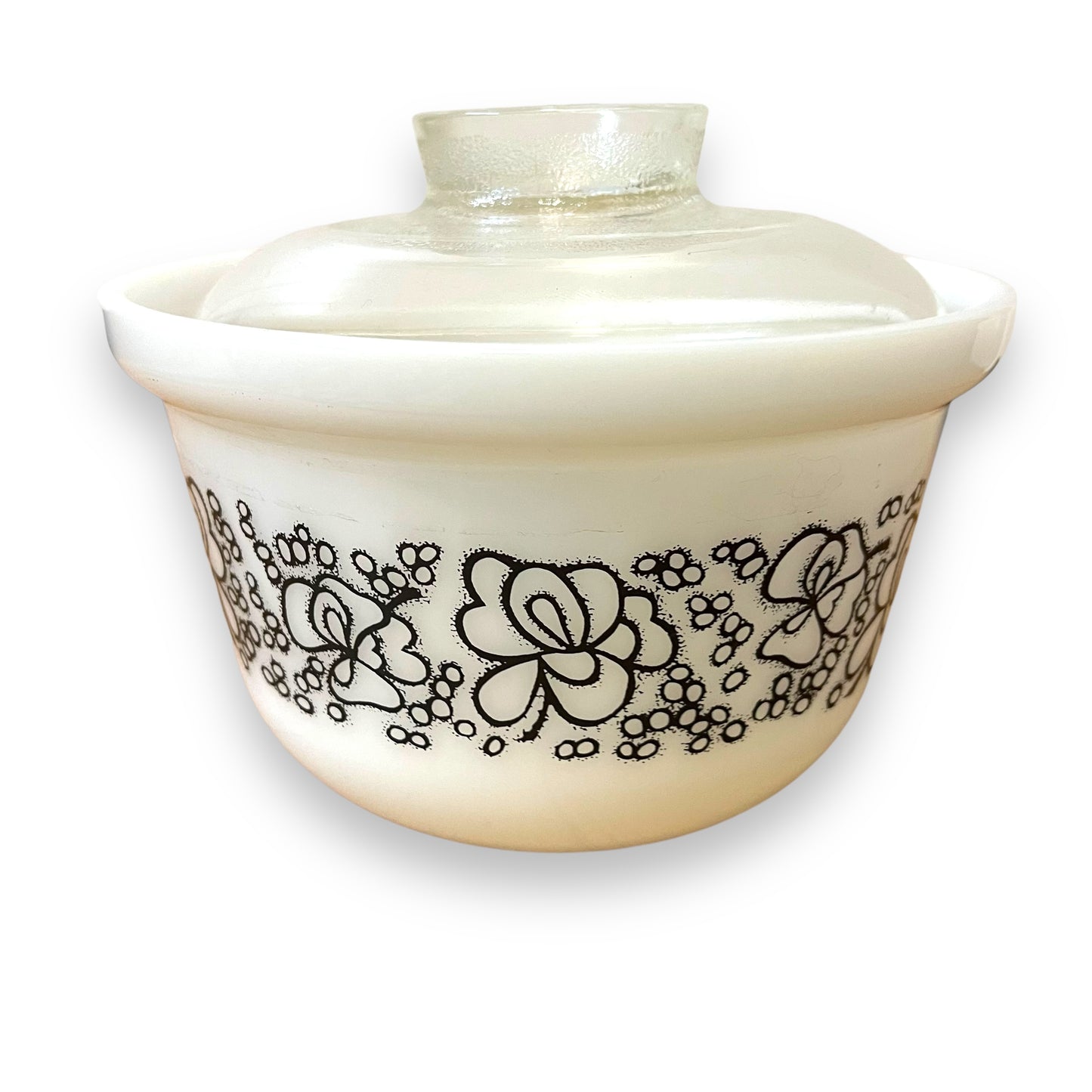 Crown Pyrex Ovenware Dish with Clear Glass Lid - Black Floral Design