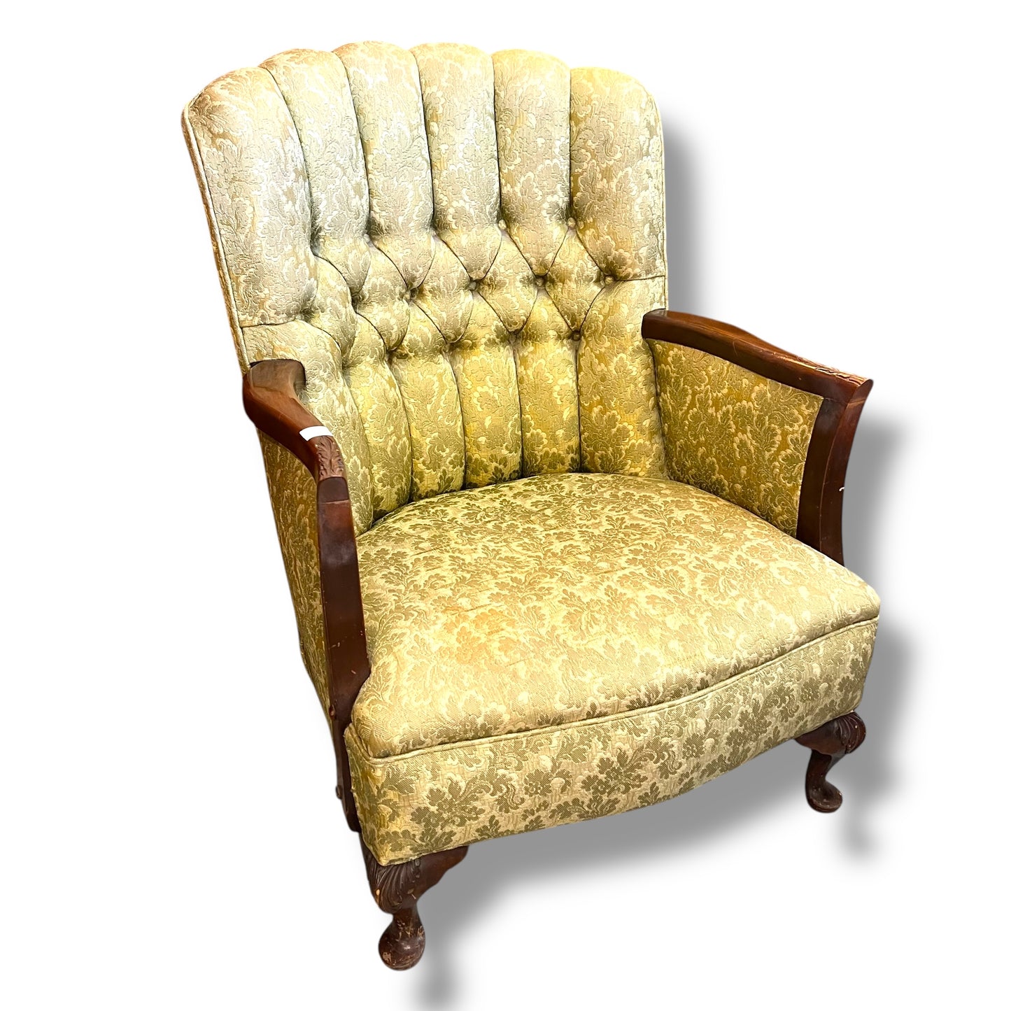 Antique Tufted Armchair – Ornate Timber Frame