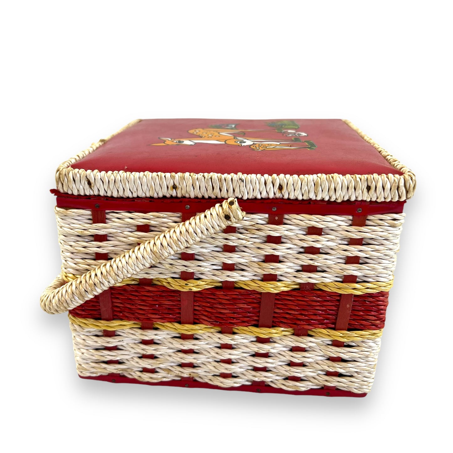 Vintage red and white sewing box with deer artwork