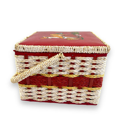 Vintage red and white sewing box with deer artwork