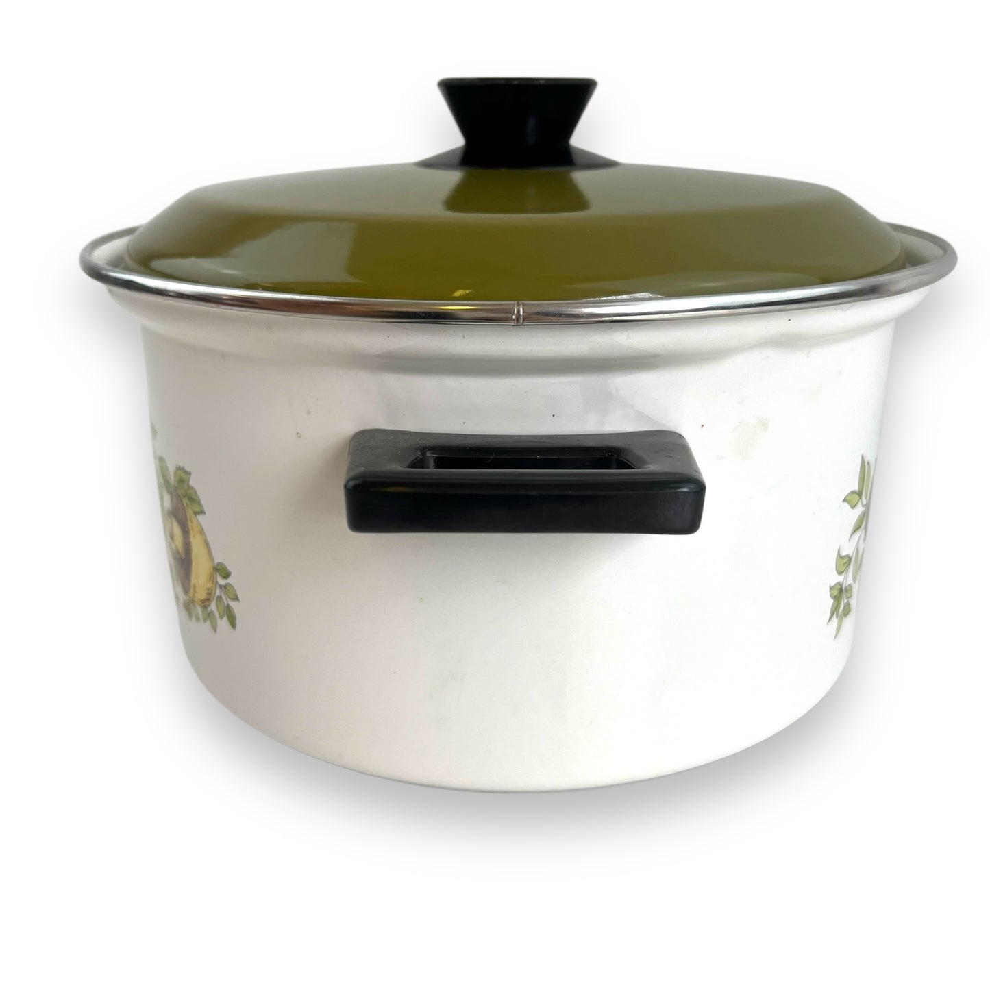 Enamel cooking pot with vegetable decal and green lid