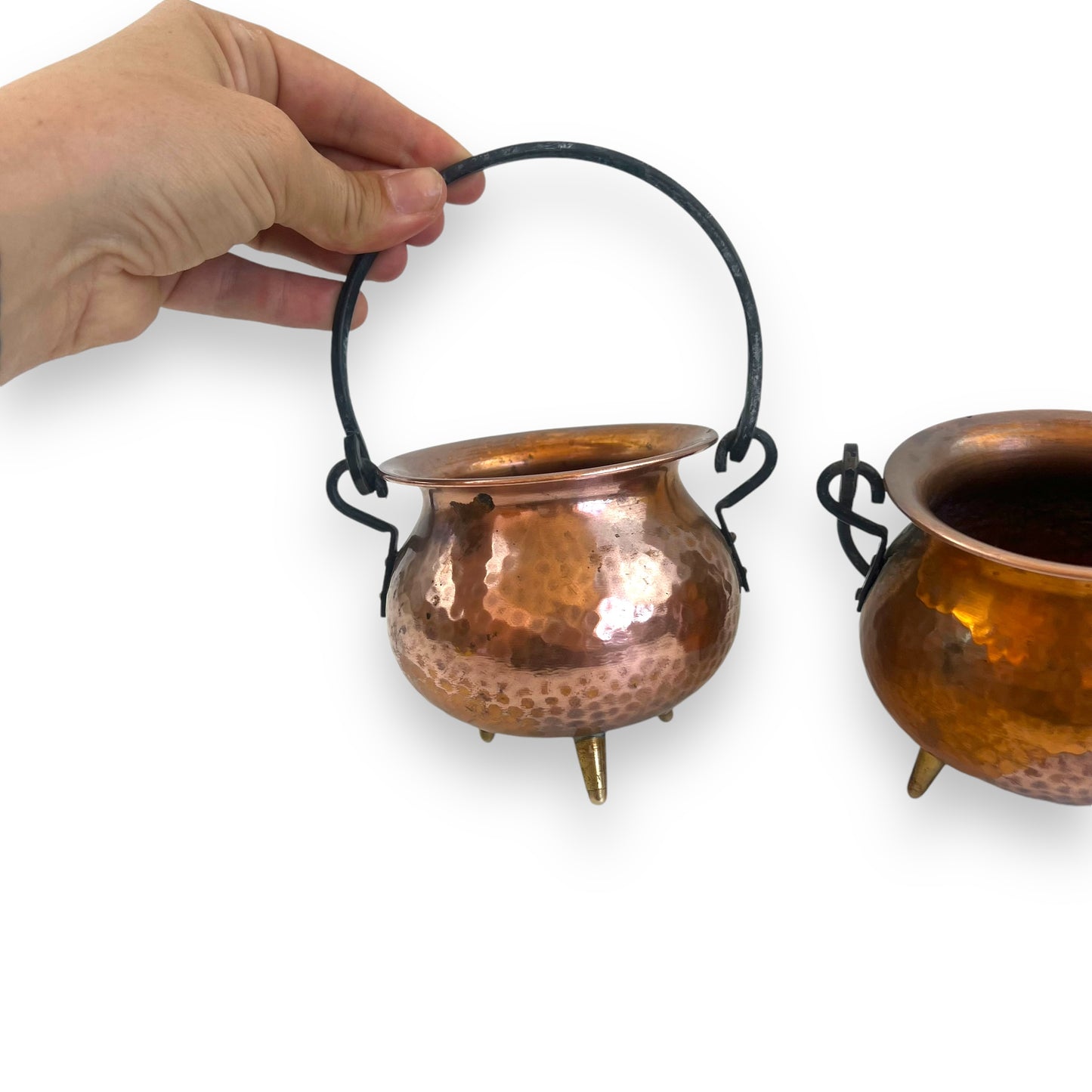 Hammered Copper Pair of Pots with Wrought Iron Handles