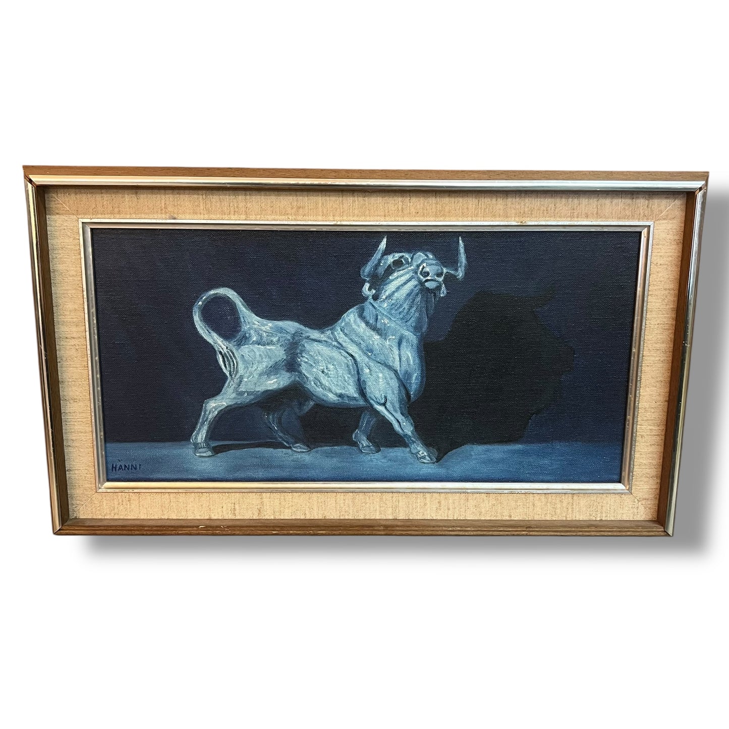 Mid-Century Modern Bull Painting – Monochrome Blue by Hanni