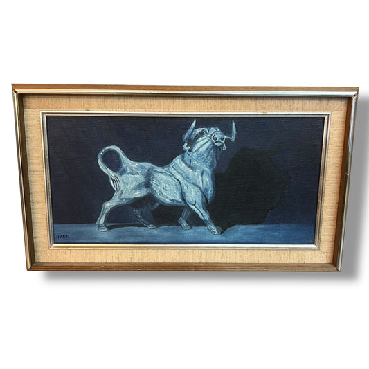 Mid-Century Modern Bull Painting – Monochrome Blue by Hanni