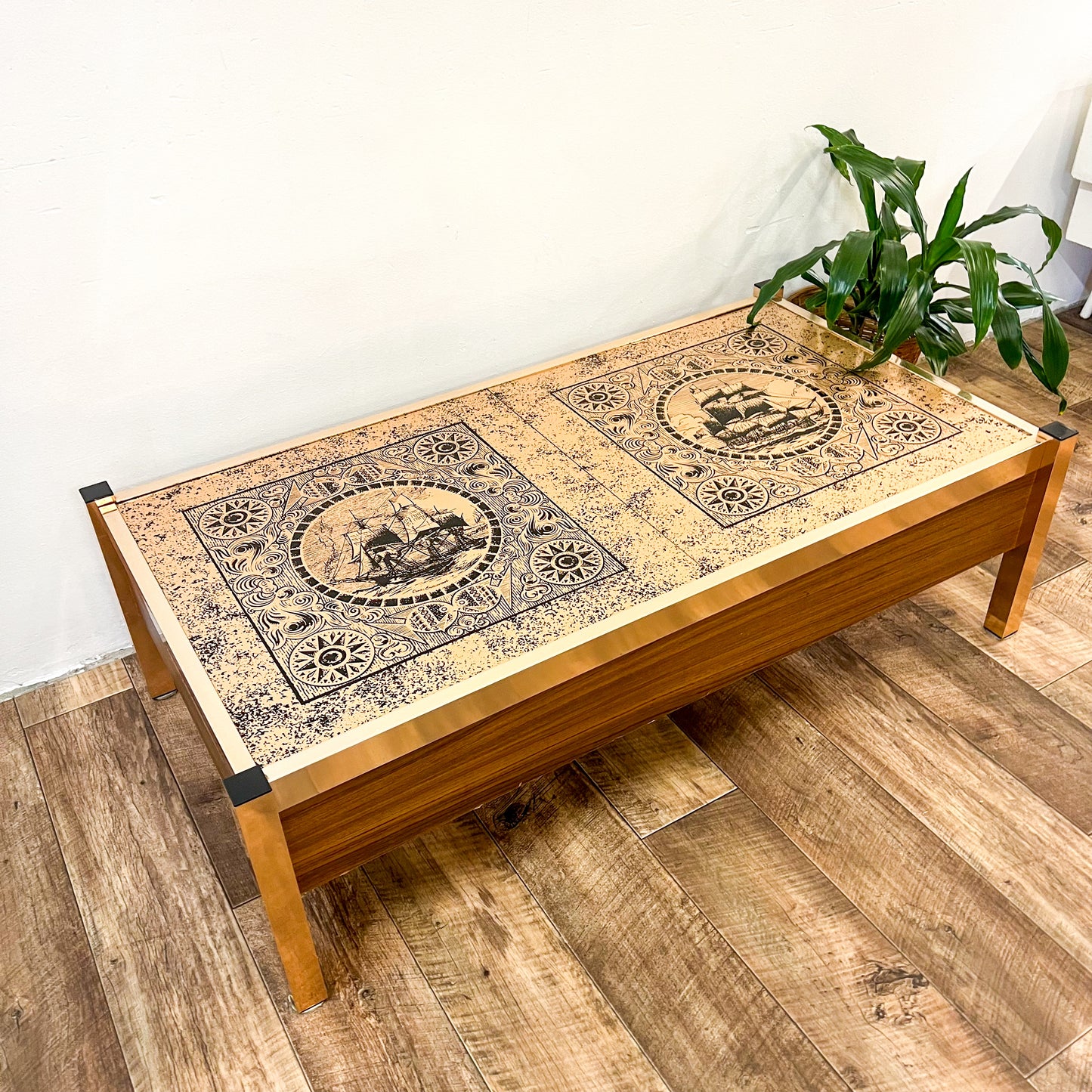 Cooks Endeavour ship copper coloured sliding internal bar coffee table