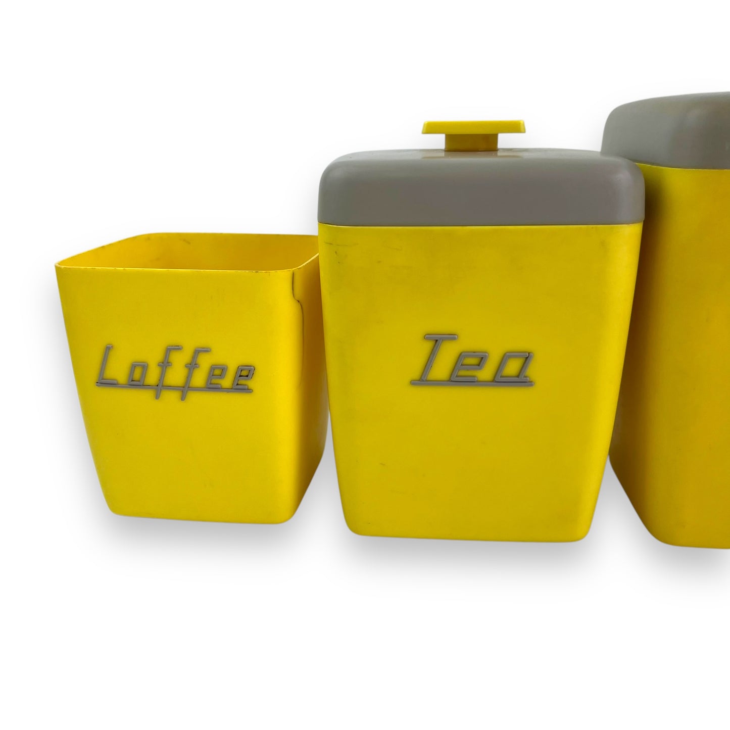 Yellow & Grey 1950s Plastic Nallyware Canister Set of 5 - Coffee, Tea, Rice, Sugar, Flour - Retro Kitchen Storage