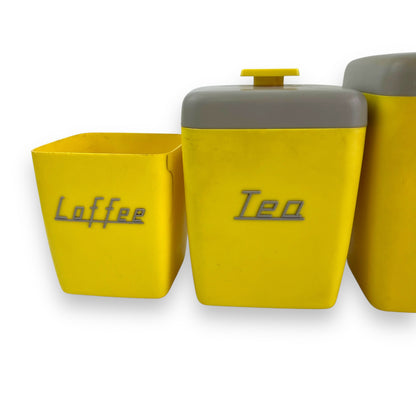 Yellow & Grey 1950s Plastic Nallyware Canister Set of 5 - Coffee, Tea, Rice, Sugar, Flour - Retro Kitchen Storage