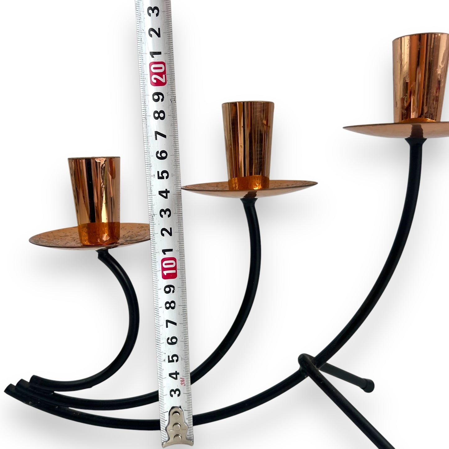 MCM 3-Arm Candle Holder with Copper Detailing | Vintage Metal Candelabra