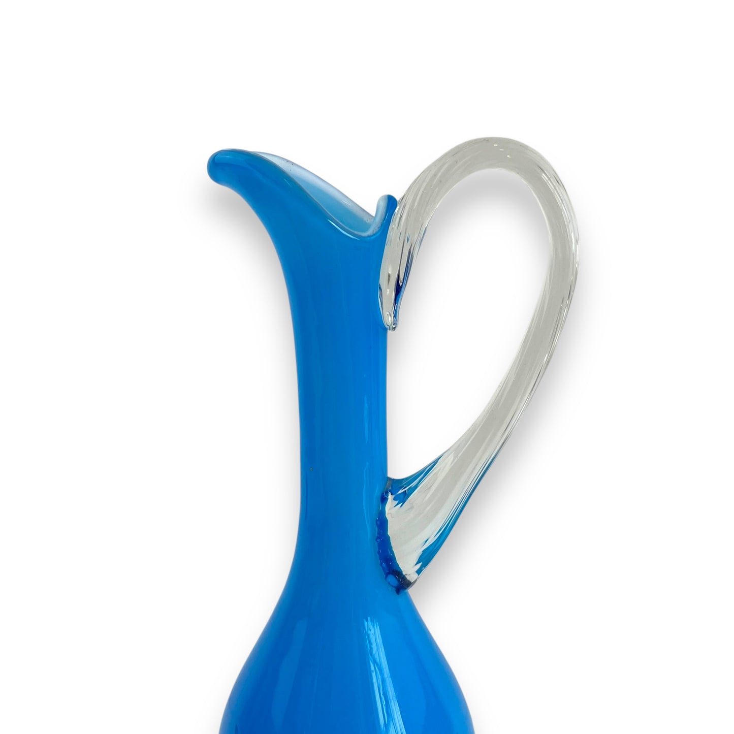 Italian Empoli Blue Cased Glass Pedestal Pitcher with Clear Twisted Handle