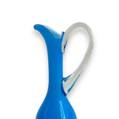 Italian Empoli Blue Cased Glass Pedestal Pitcher with Clear Twisted Handle