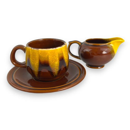 Brown & Yellow Tea Cup, Saucer & cream jug