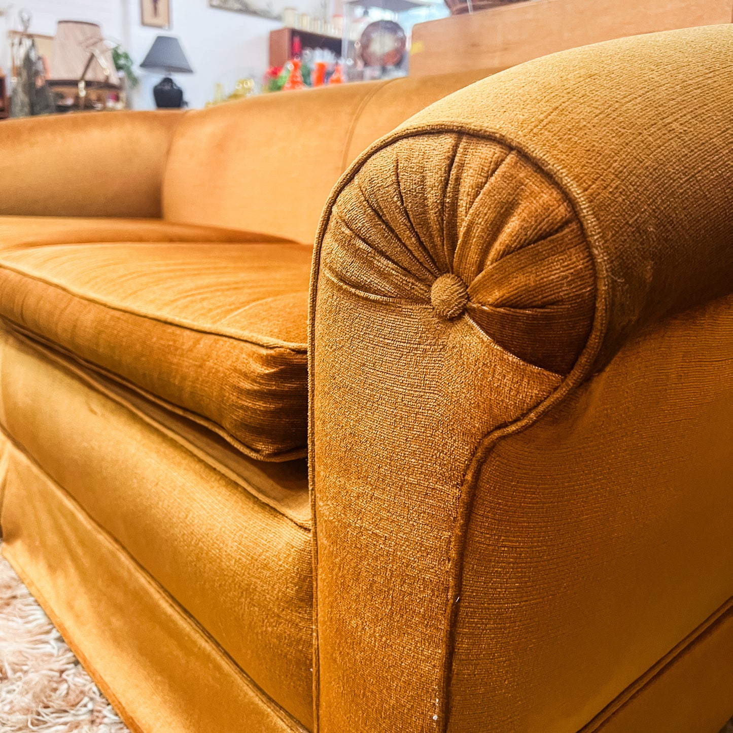 Brown-Gold Velvet Sofa with Rolled Arms