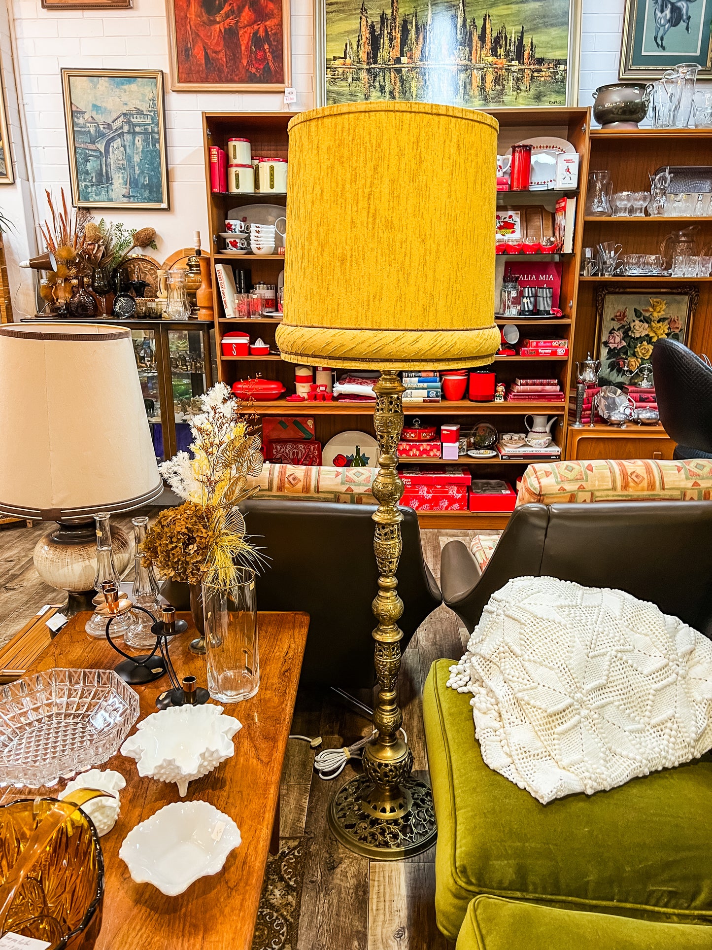 Ornate Brass Floor Lamp with Original Mustard Shade