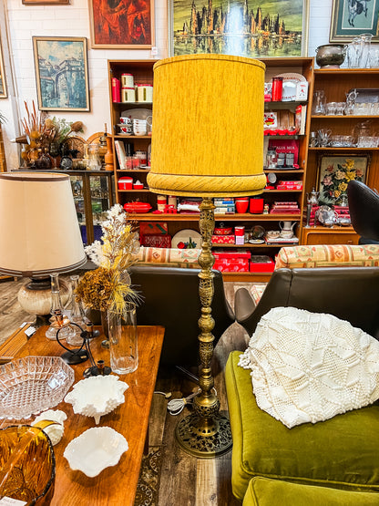 Ornate Brass Floor Lamp with Original Mustard Shade