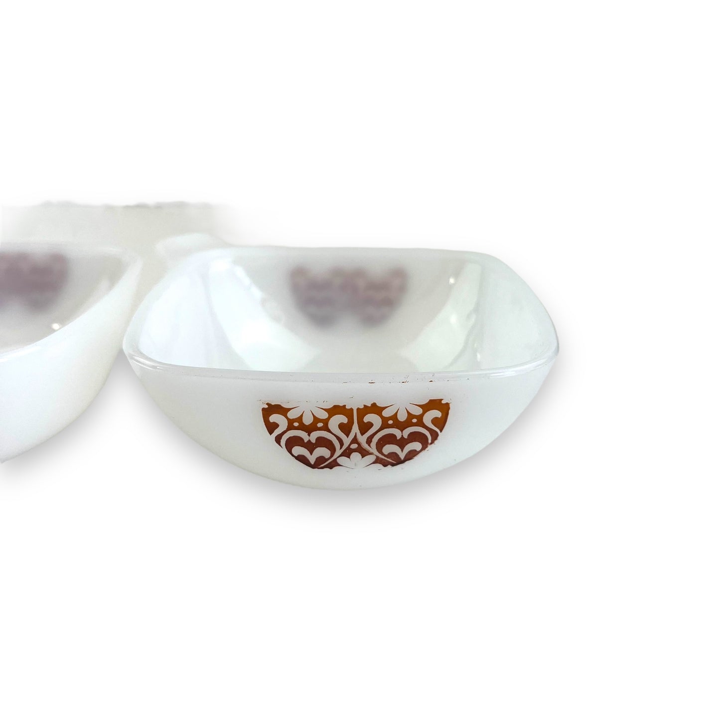 Crown Pyrex Ovenware Milk Glass Ramekin Set – Brown & White Floral Design