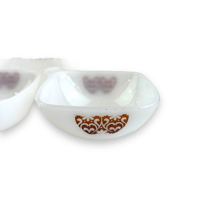 Crown Pyrex Ovenware Milk Glass Ramekin Set – Brown & White Floral Design
