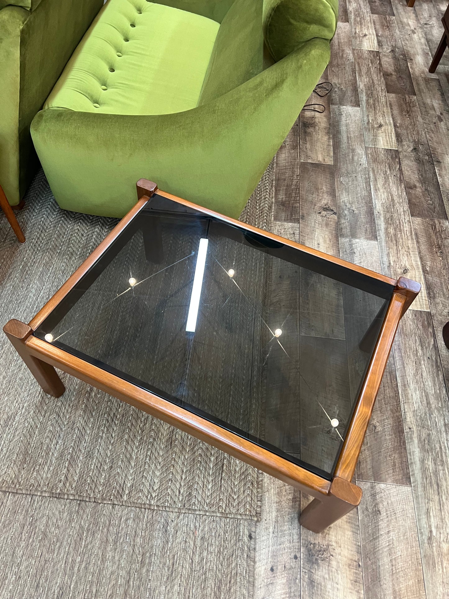 Mid Century Cedar Coffee Table with Smoked Glass Top