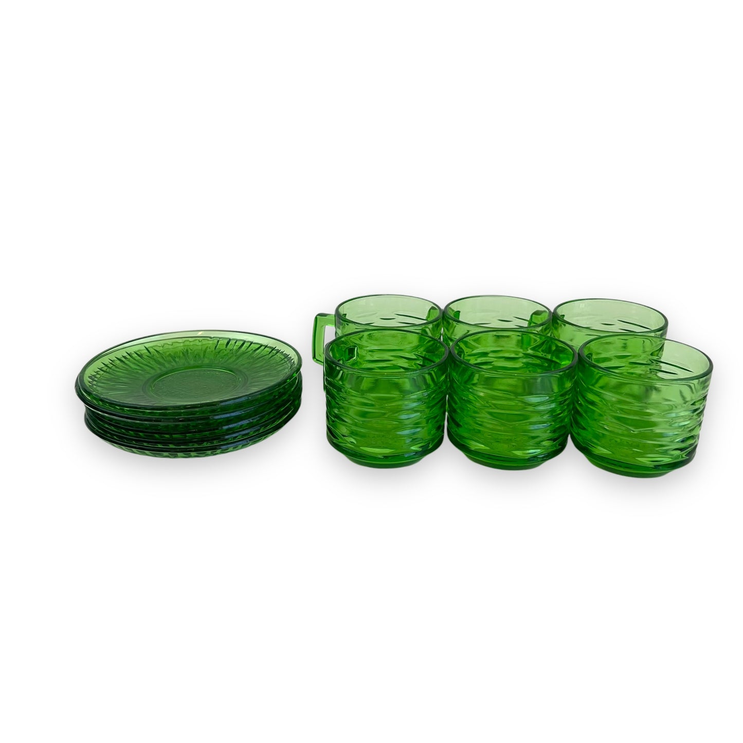 Green glass teacups x6 and 5 matching source plates - made in France