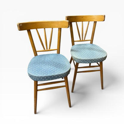 Pair of Timber Dining Chairs with Blue Patterned Upholstered Seats