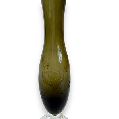 Smoked Glass Bud Vase – Handblown Olive Green Etched Glass Vase with Clear Stem