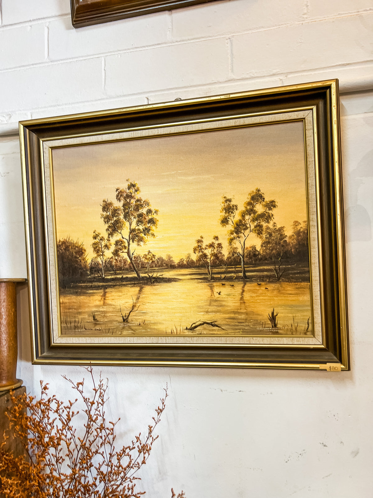 Australian Landscape Painting – Gum Trees, River & Ducks – Framed