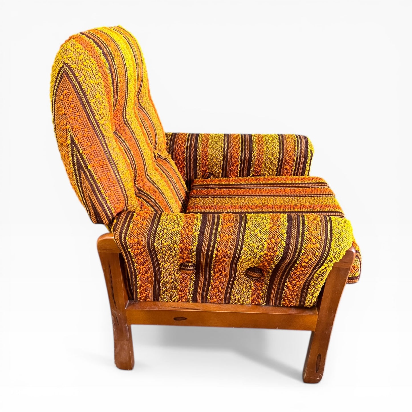 VanderOza Mid-Century Armchair in Original yellow, orange and brown Textured wool Stripe Upholstery