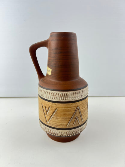 West German Pottery Vase – Brown Patterned with Handle 347/20