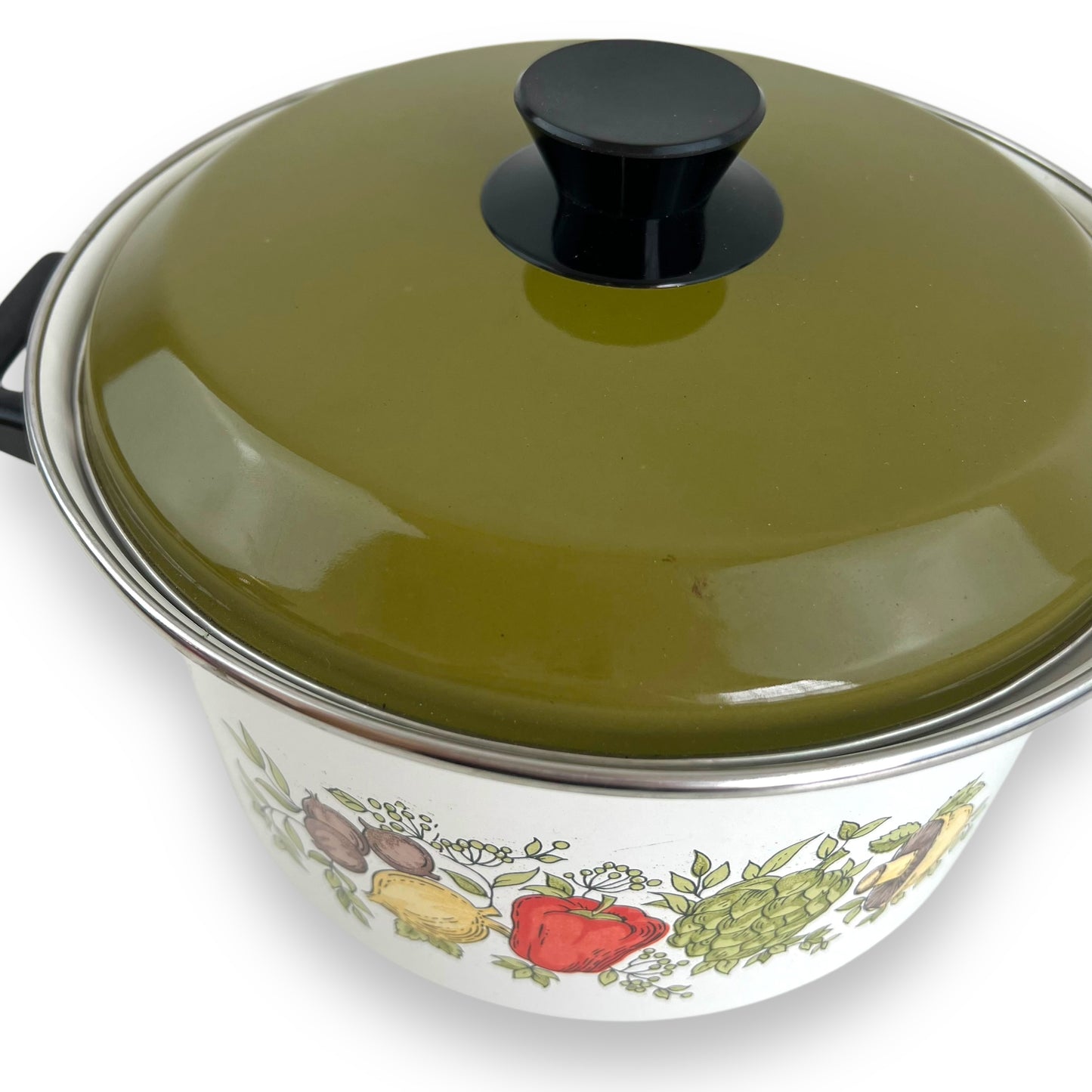Enamel cooking pot with vegetable decal and green lid