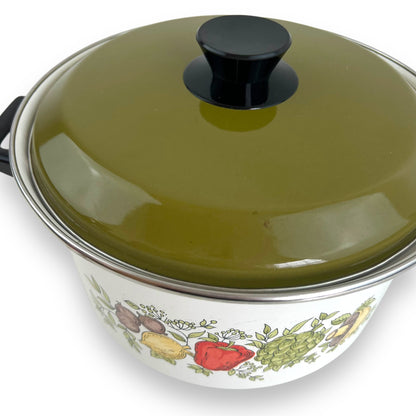 Enamel cooking pot with vegetable decal and green lid
