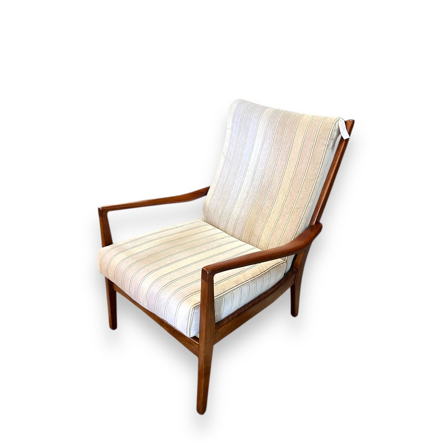 TH Brown Mid-Century Armchair – Teak Frame with Striped Upholstery