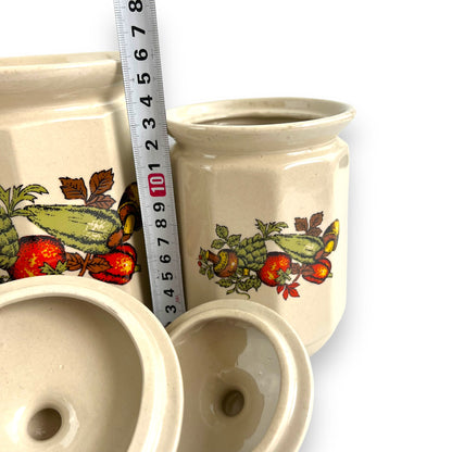 Beige Ceramic Canister set of 3 with colourful vegetable decals.