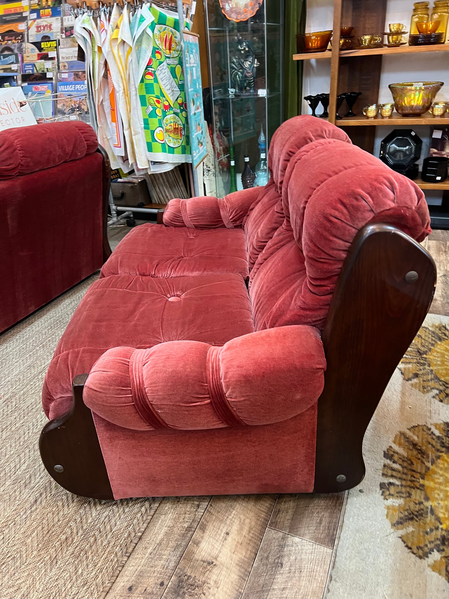#1 Pink Velvet 2 Seater Lounge with Timber Frame