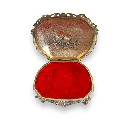 Ornate Jewelry Box – Made in Japan – Gold Tone Metal with Red Velvet Lining