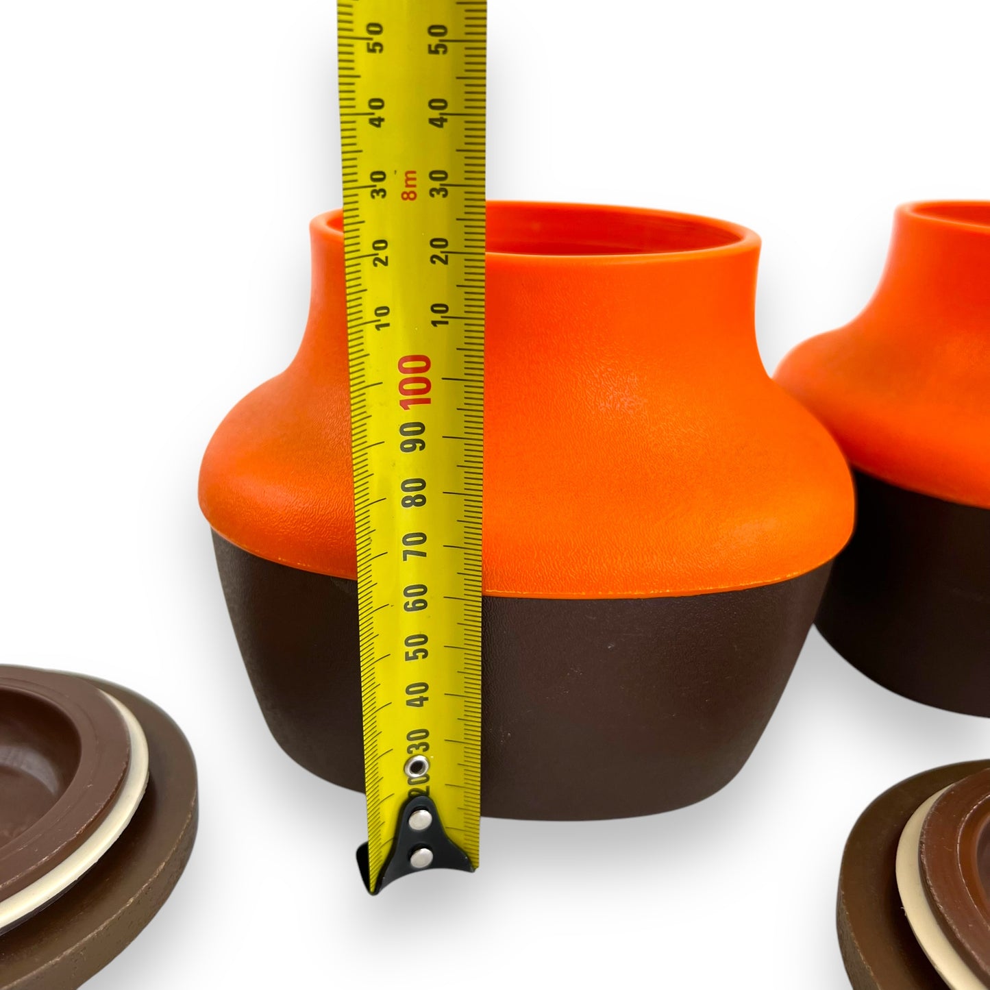 Orange and Brown Plastic Storage Canisters with suction wood look lids