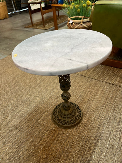 Marble Top Side Table with Ornate Metal Pedestal Base