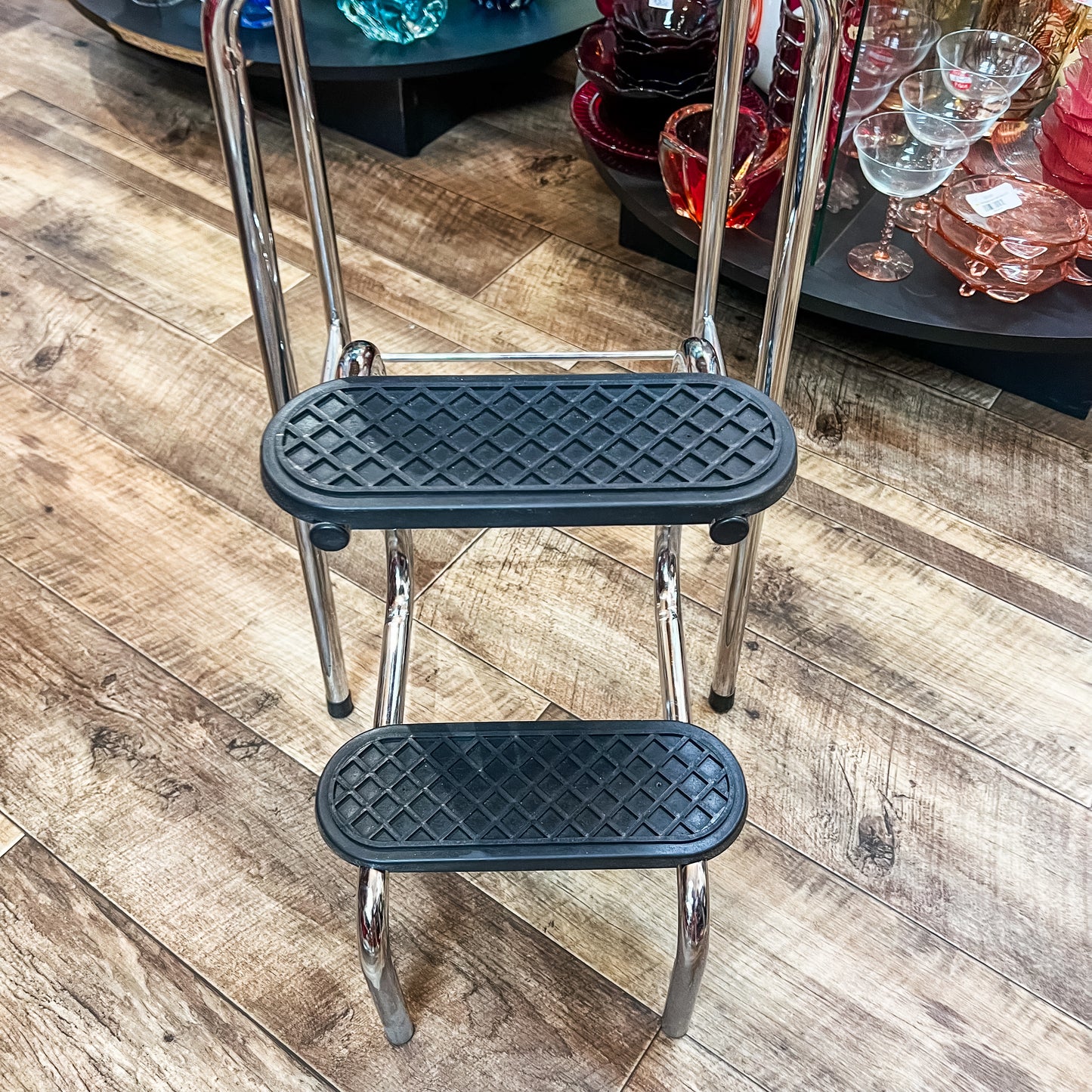 Chrome Kitchen Step Stool with Red Vinyl Seat