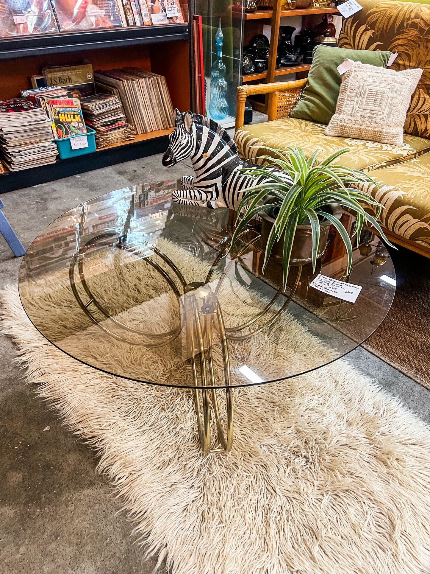 Hollywood Regency Brass & Smoked Glass Coffee Table – Sculptural Triple Ring Base, c.1970s