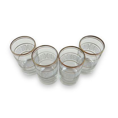 White ornate pattern with gold band glass set of 4