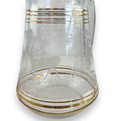Glass Jug & 6 Cups with gold bands and etched deer/elk pattern