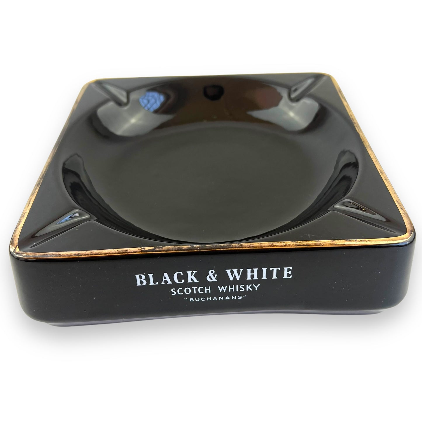 Black and white scotch whiskey branded black ceramic square ashtray