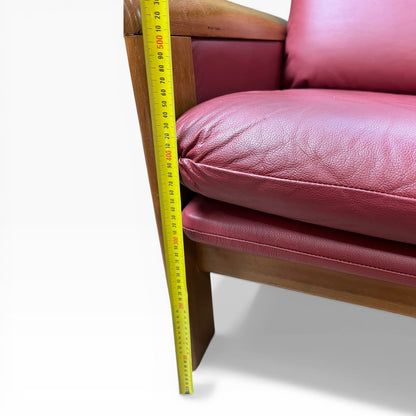 Two Seater Lounge with Sculpted Curved Timber Armrests & Burgundy Leather Cushions