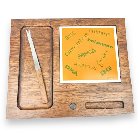 Wooden cheese board with cheese name tile and knife