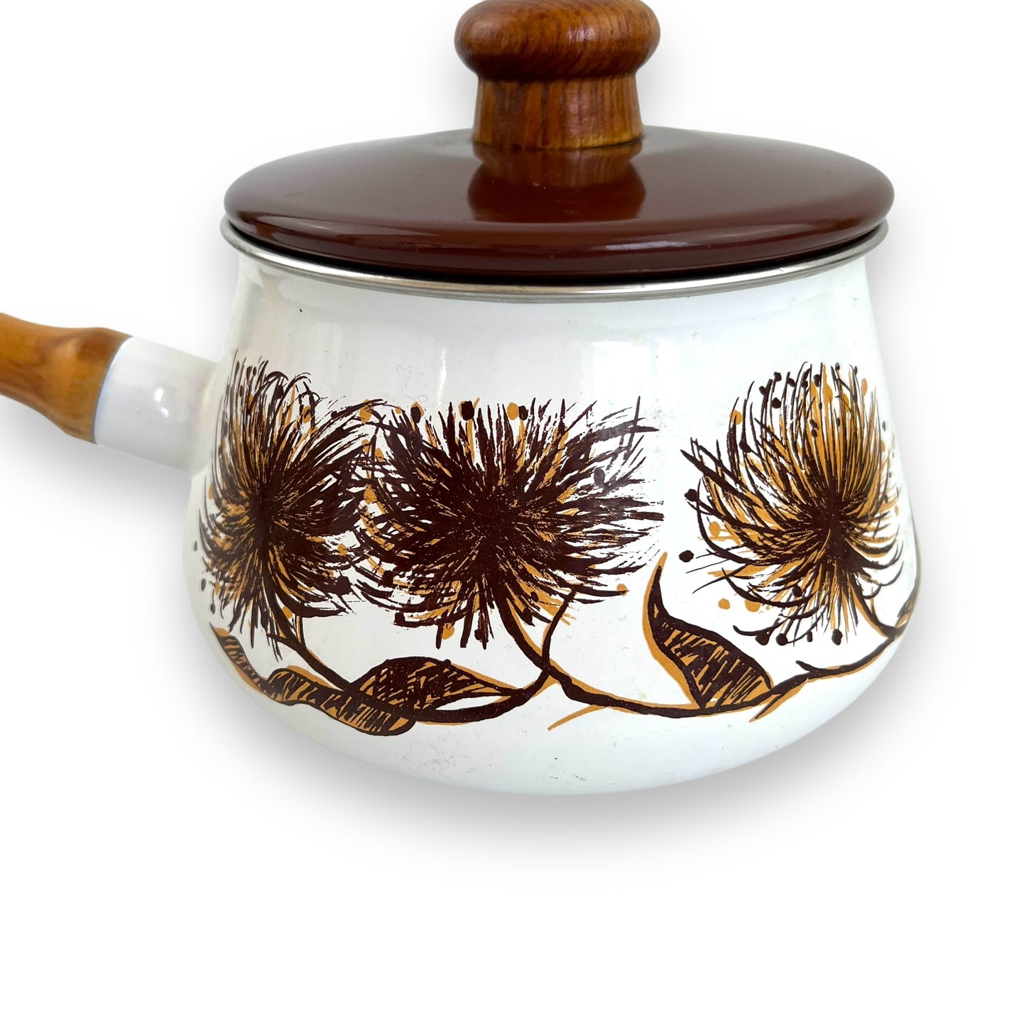 Brown Flower Enamel Fondue Pot with wooden handle
