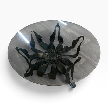Brutalist Sculptural Metal & Smoked Glass Coffee Table – 91.5cm diameter