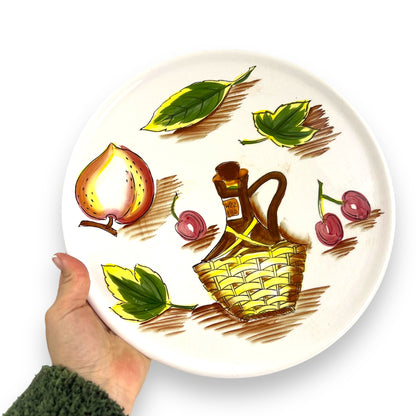 Handpainted food platter with bottle, cherrie, fruit & leaves