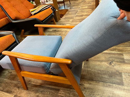 #2 Mid-Century Push-Back Reclining Armchair with Blue Upholstery