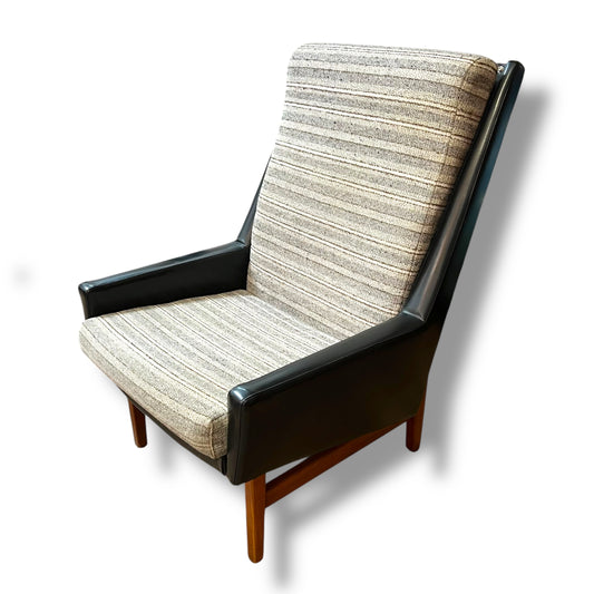 Fler ‘Flerclub’ High Back Armchair – Mid-Century Modern, Vinyl & Striped Fabric, Teak Base