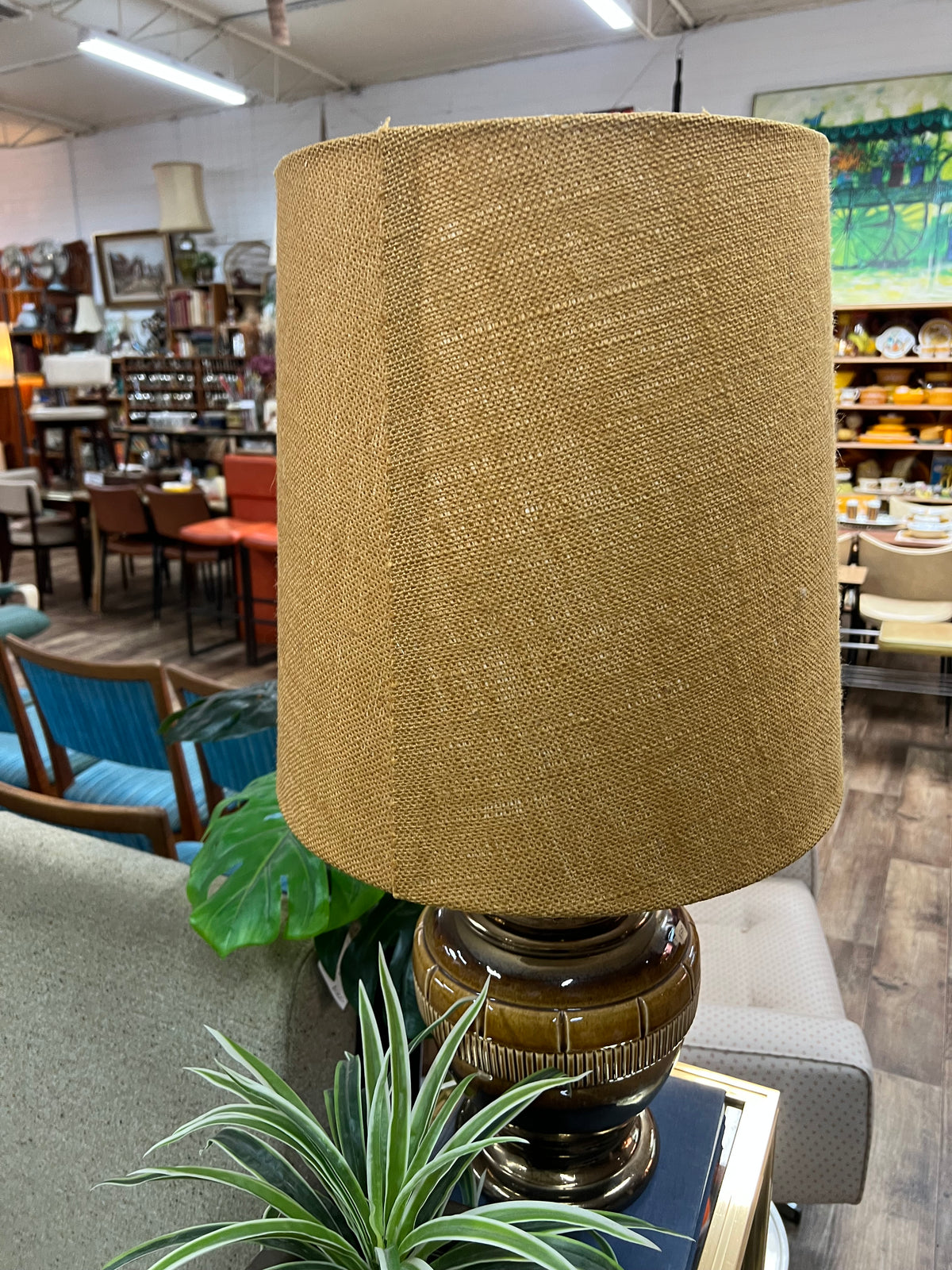 1970s Ceramic Table Lamp – Brown Glaze with hessian shade