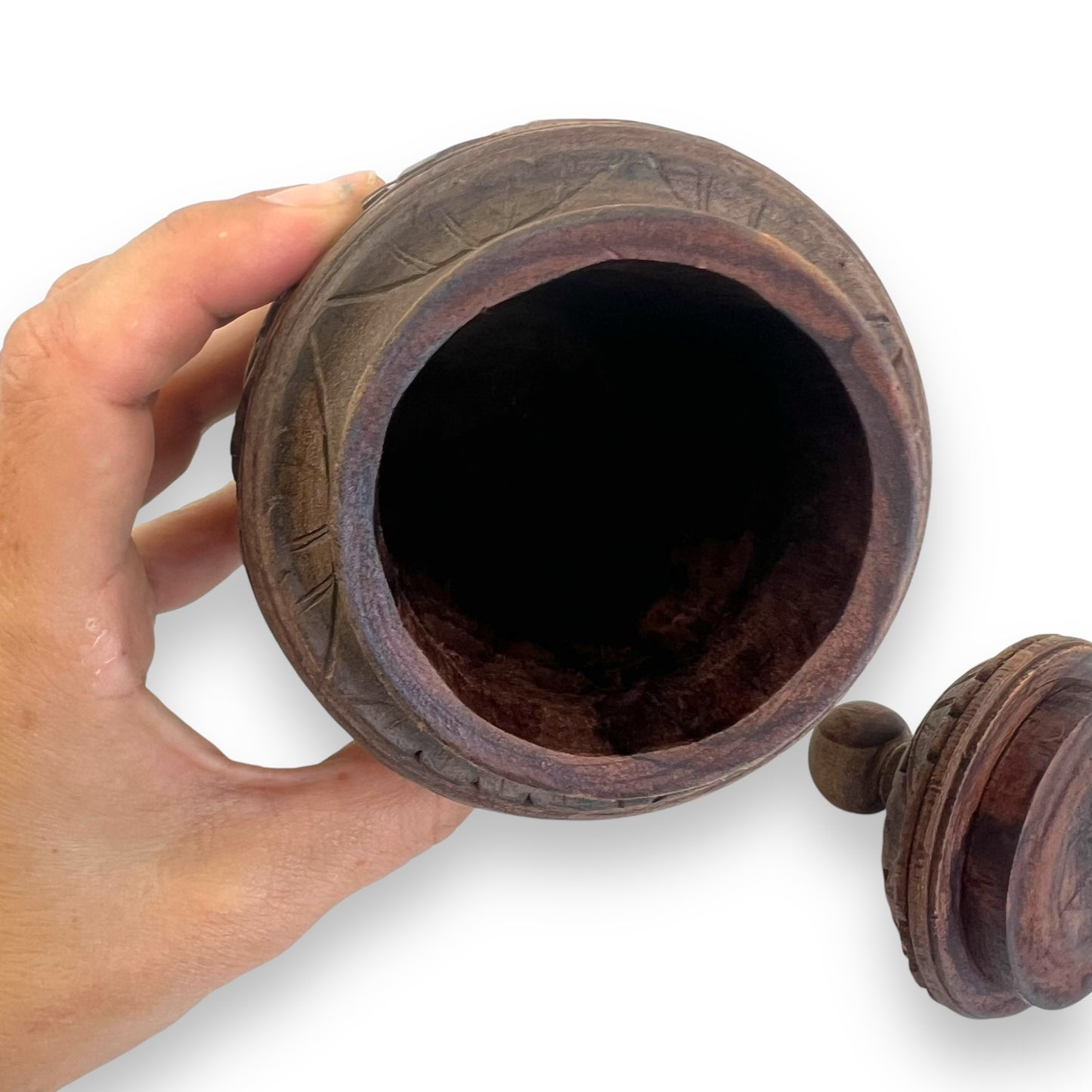 Hand-Carved Wooden Decorative Jar with Lid – Intricately Floral Design