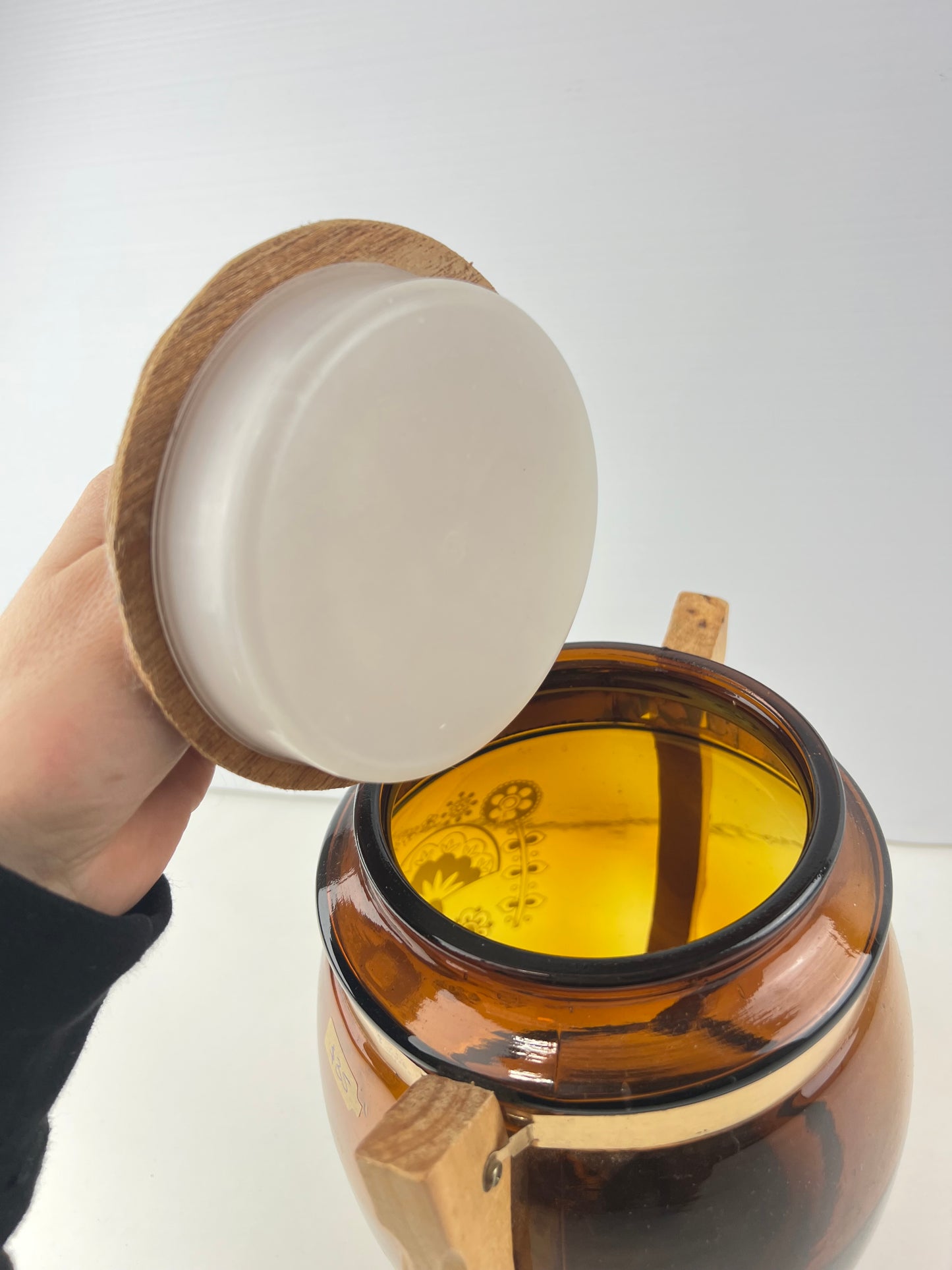 Amber Glass Biscuit Barrel with Timber Handles